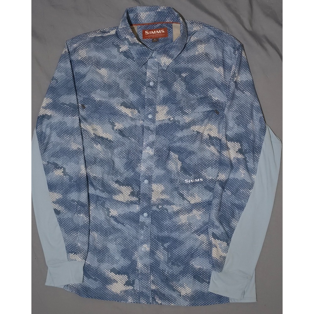 Simms SolarFlex Long Sleeve Shirt Mens L Honeycomb Camouflage UPF50 Fishing